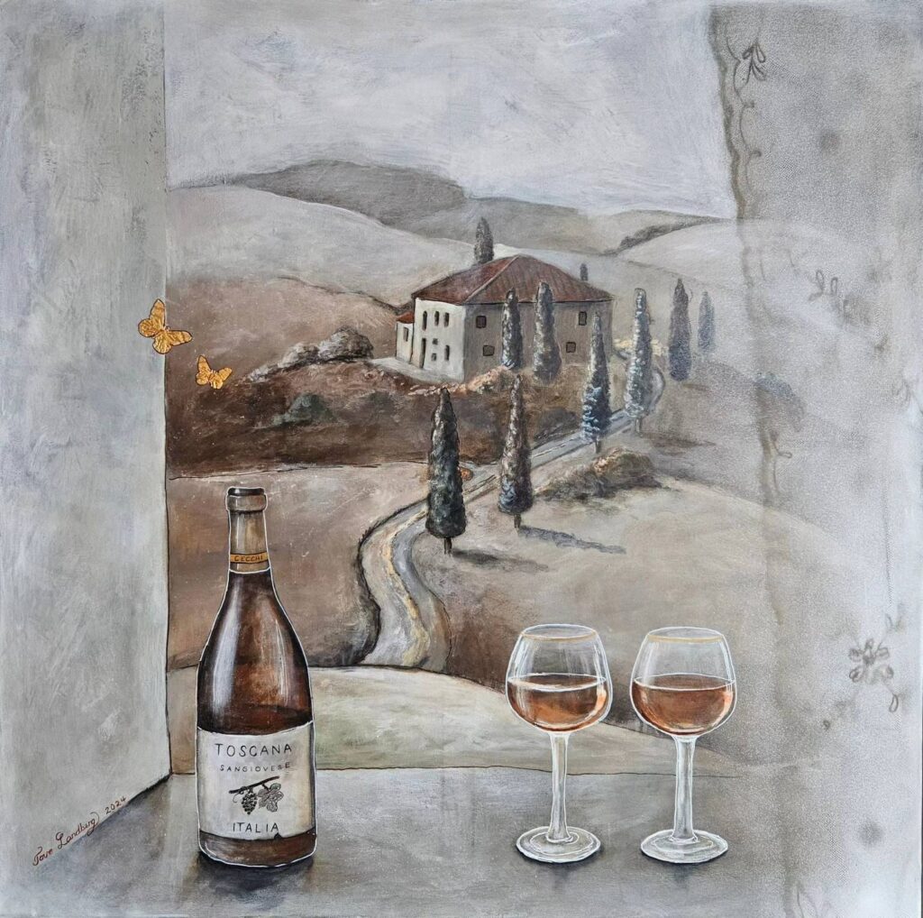 Inreda ditt hem med bild av Toscana, vin och vinglas.